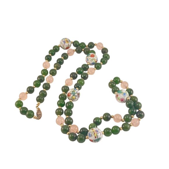 Jade Nephrite Rose Quartz Beaded Vintage GlassNecklace With Floral Porcelain Acc - Picture 4 of 9
